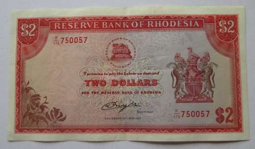 2 DOLLAR 1979 RESERVE BANK OF RHODESIA SERIAL No K175 750057 WATERMARK ZIMBABWE BIRD - RAK504