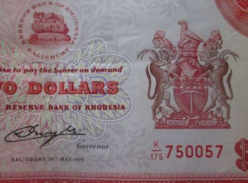 2 DOLLAR 1979 RESERVE BANK OF RHODESIA SERIAL No K175 750057 WATERMARK ZIMBABWE BIRD - RAK504