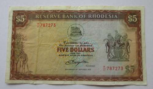 FIVE DOLLARS 1978 RESERVE BANK OF RHODESIA BANKNOTE SERIAL No M17 787273 - RAKN/58