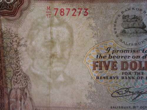 FIVE DOLLARS 1978 RESERVE BANK OF RHODESIA BANKNOTE SERIAL No M17 787273 - RAKN/58