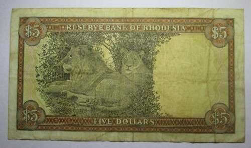 5 DOLLAR 1972 RESERVE BANK OF RHODESIA SERIAL No M2 208466 WATERMARK CECIL RHODES - RAKN/73