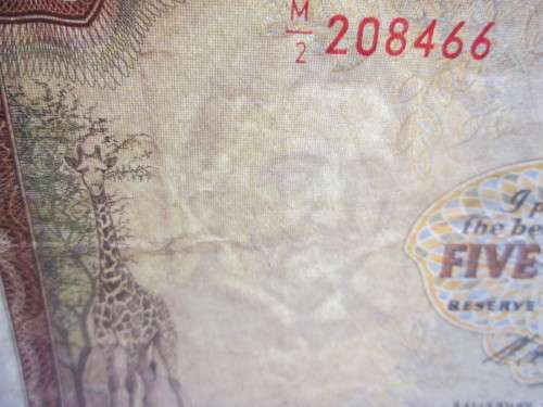 5 DOLLAR 1972 RESERVE BANK OF RHODESIA SERIAL No M2 208466 WATERMARK CECIL RHODES - RAKN/73