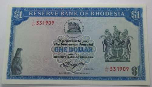 ONE DOLLAR 1976 RESERVE BANK OF RHODESIA SERIAL No L97 331909 WATERMARK CECIL RHODES - RAKN/139