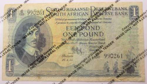 ONE POUND 1955 SOUTH AFRICA BANKNOTE SERIAL No BI98 990261 - RAKN/153