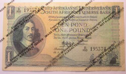 ONE POUND 1954 SOUTH AFRICA BANKNOTE SERIAL No BI68 195374 - RAKN/182