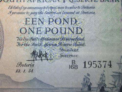 ONE POUND 1954 SOUTH AFRICA BANKNOTE SERIAL No BI68 195374 - RAKN/182