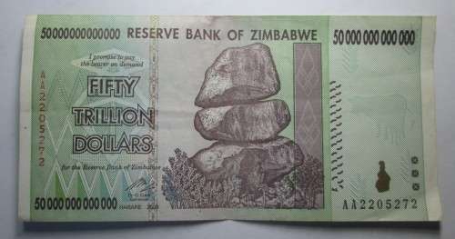 FIFTY TRILLION DOLLARS 2008 RESERVE BANK OF ZIMBABWE SERIAL No AA2205272 BANKNOTE -RAKN/193