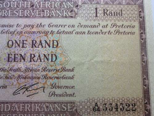 ONE RAND SOUTH AFRICA BANKNOTE SERIAL No A64 334322 WATERMARK van RIEBEECK - RAKN/16