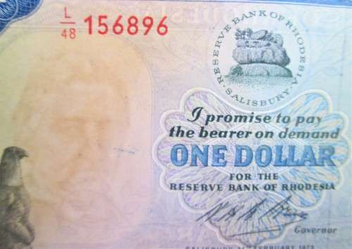 ONE DOLLAR 1973 RESERVE BANK OF RHODESIA SERIAL No L48 156896 - CECIL RHODES - RAKN/141