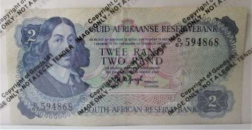 TWO RAND REPUBLIC OF SOUTH AFRICAN RESERVE BANK SERIAL No D67 594868 BANKNOTE - RAKN/107