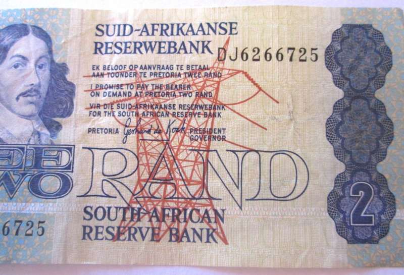 TWO RAND REPUBLIC OF SOUTH AFRICA BANKNOTE SERIES DJ 6266725 - SN/1