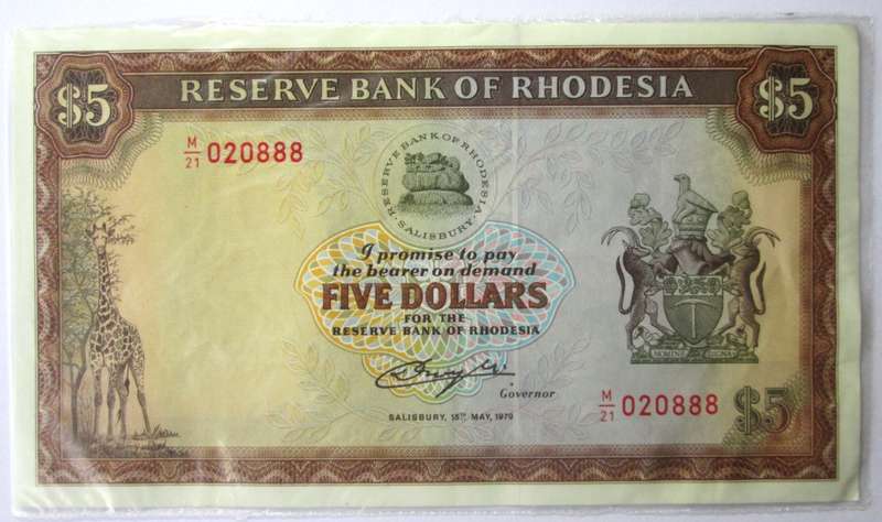 1979 Rhodesia Banknote Five Dollars Serial Nr M21 020888