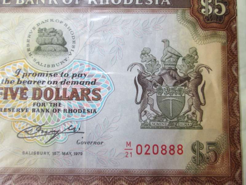 1979 Rhodesia Banknote Five Dollars Serial Nr M21 020888