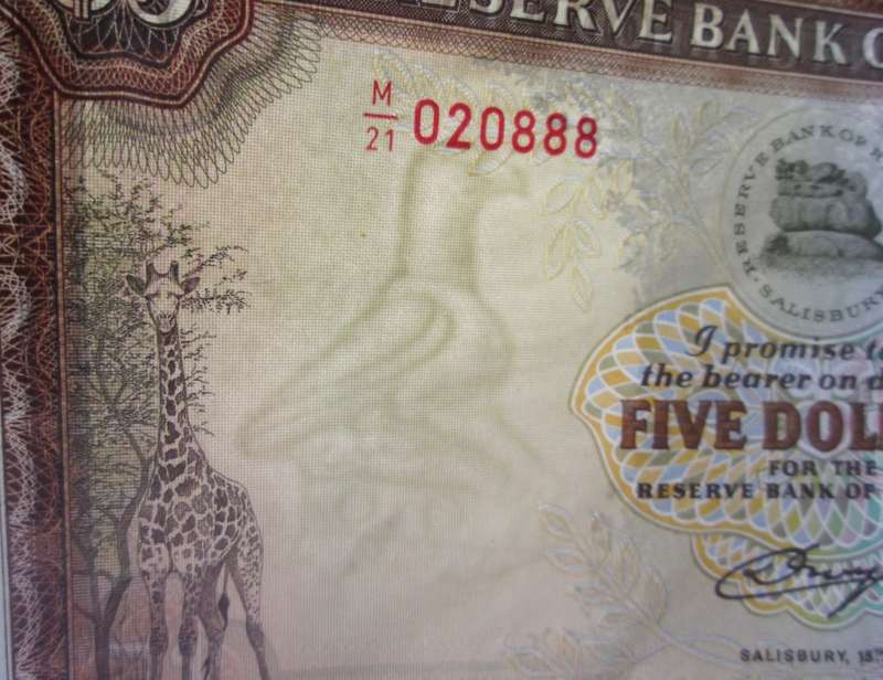 1979 Rhodesia Banknote Five Dollars Serial Nr M21 020888