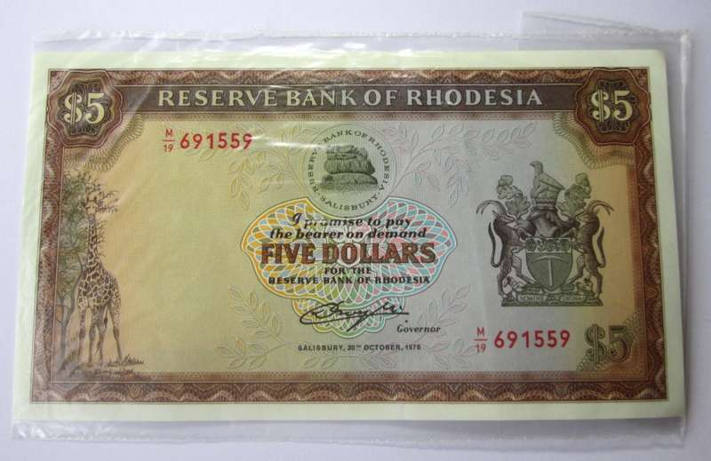 1978 Rhodesia Banknote Five Dollars Serial Nr M19 691559 Watermark Cecil Rhodes