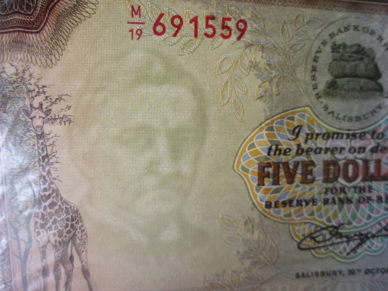 1978 Rhodesia Banknote Five Dollars Serial Nr M19 691559 Watermark Cecil Rhodes