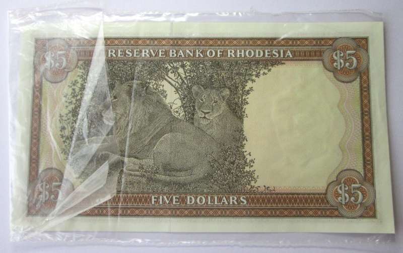 1978 Rhodesia Banknote Five Dollars Serial Nr M19 691559 Watermark Cecil Rhodes