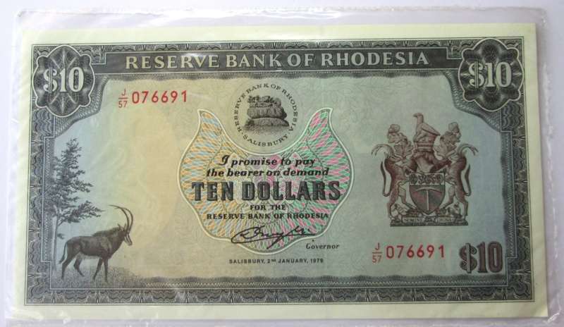 1979 Rhodesia Banknote Ten Dollars Serial Nr J57 076691