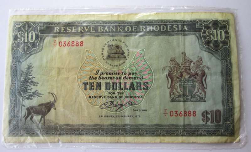 1979 Rhodesia Banknote Ten Dollars Serial Nr Z1 036888 Replacement Note