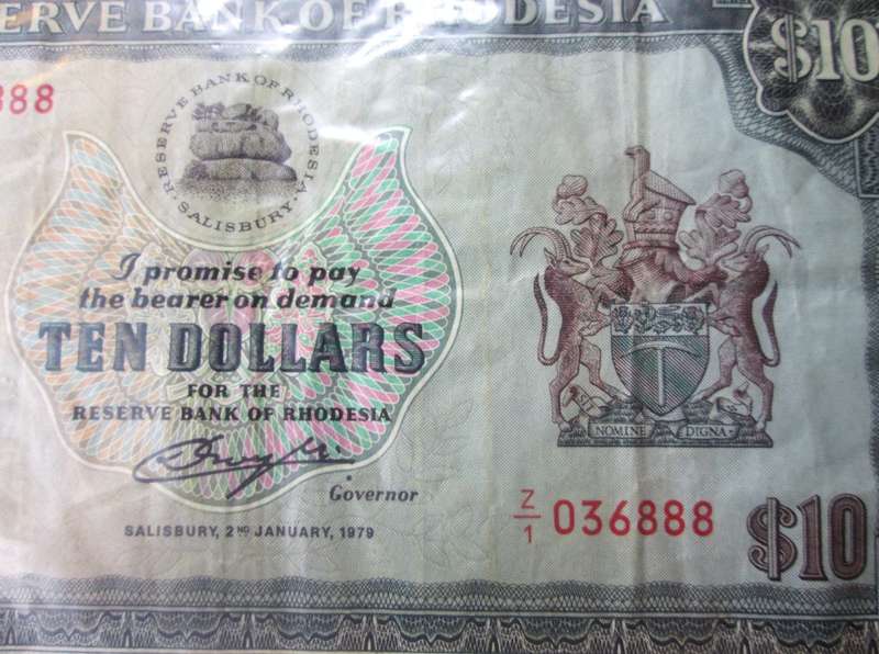 1979 Rhodesia Banknote Ten Dollars Serial Nr Z1 036888 Replacement Note