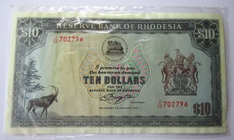 1979 Rhodesia Banknote Ten Dollars Serial Nr J53 702796