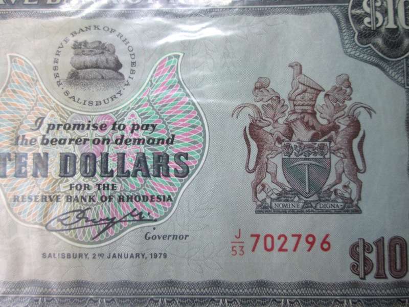 1979 Rhodesia Banknote Ten Dollars Serial Nr J53 702796