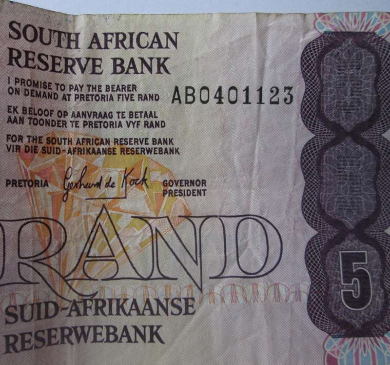 Five Rand Republic of South Africa Serial Nr AB 0401123