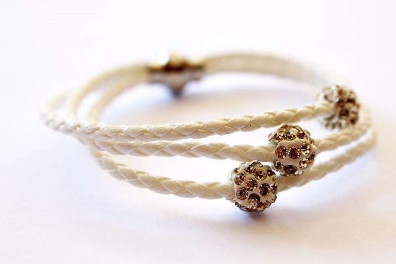 White 3 Strand Plaited Charm Bracelet with Crystal Ball Charms and Magnetic Clasp