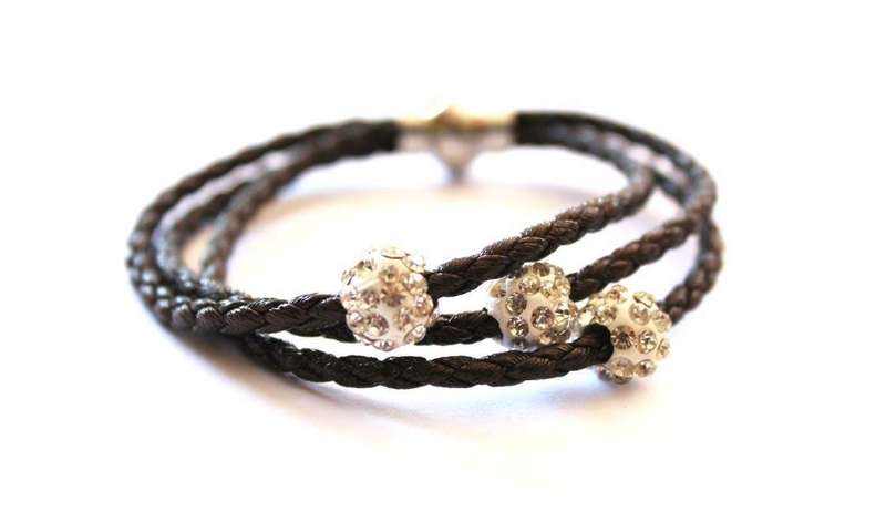 Coffee Coloured 3 Strand Plaited Charm Bracelet with Crystal Ball Charms and Magnetic Clasp