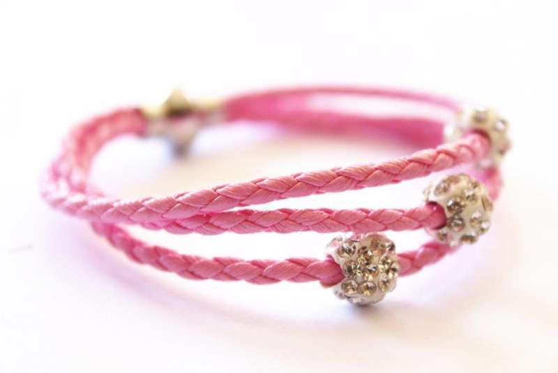 Pink 3 Strand Plaited Charm Bracelet with Crystal Ball Charms and Magnetic Clasp