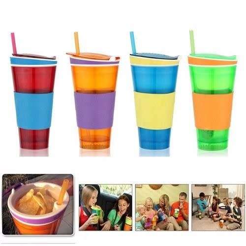 SNACKEEZ TRAVEL CUP SNACK DRINK IN ONE CONTAINER LID STRAW KIDS SNACK BOTTLE
