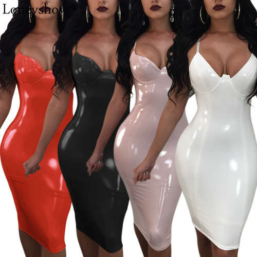 Sexy PU Leather Dresses Women Deep V Bodycon Party Clubwear Knee Length Kim Kardashian Wet Look Dres