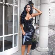 Sexy PU Leather Dresses Women Deep V Bodycon Party Clubwear Knee Length Kim Kardashian Wet Look Dres