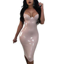 Sexy PU Leather Dresses Women Deep V Bodycon Party Clubwear Knee Length Kim Kardashian Wet Look Dres