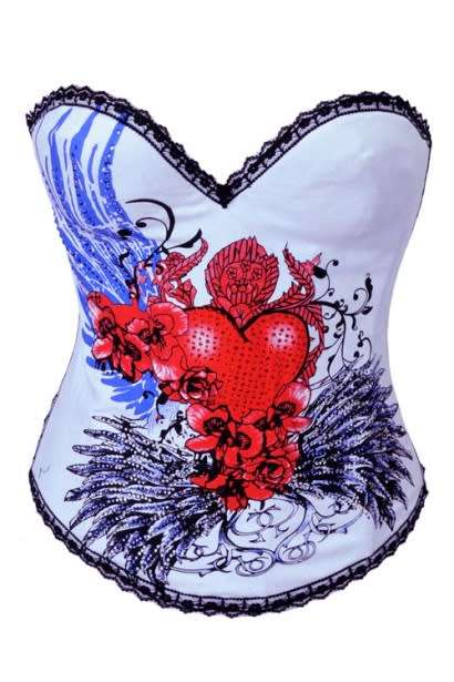 Stuning White Gotic Overbust Corset with Black Ruffled Trim