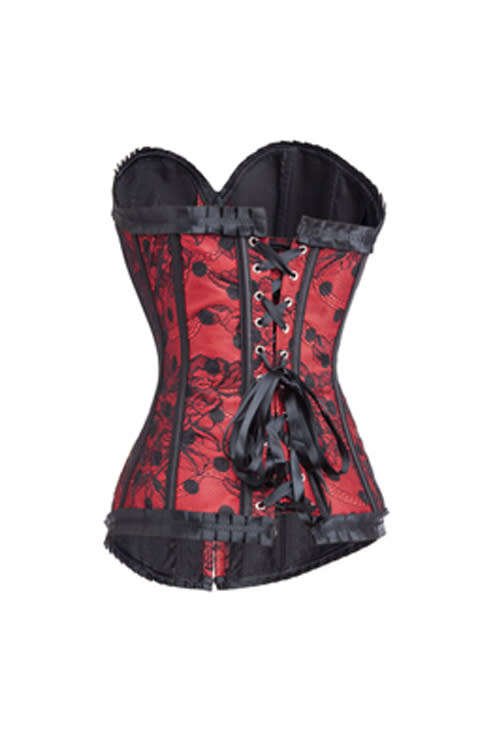 Alluringly Fabulous Ruffled Blood Red Corset with Black Lace Overlay
