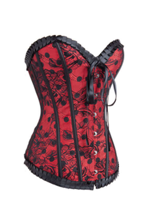 Alluringly Fabulous Ruffled Blood Red Corset with Black Lace Overlay