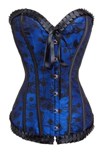 Sensually Bewitching Black Lace Overlaid Ruffled Royal Blue Corset