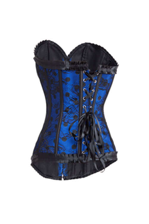 Sensually Bewitching Black Lace Overlaid Ruffled Royal Blue Corset