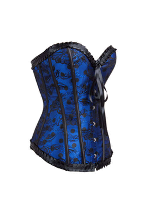 Sensually Bewitching Black Lace Overlaid Ruffled Royal Blue Corset