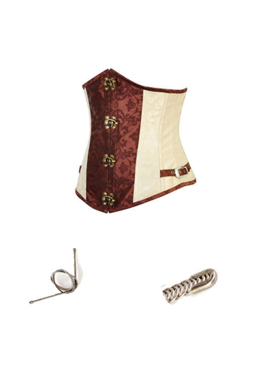 Cream and Brown Underbust Corset With Floral Print, Buckle Accents, Latch Hook Front, and Laced Back