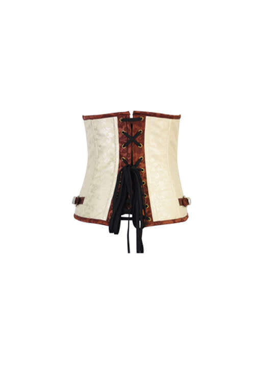 Cream and Brown Underbust Corset With Floral Print, Buckle Accents, Latch Hook Front, and Laced Back
