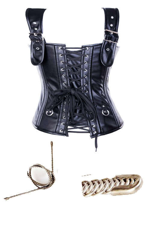 Black Leather Overbust Corset With Shoulder Straps, Buckle Detailing, Zipper Front, and Lace-up Back
