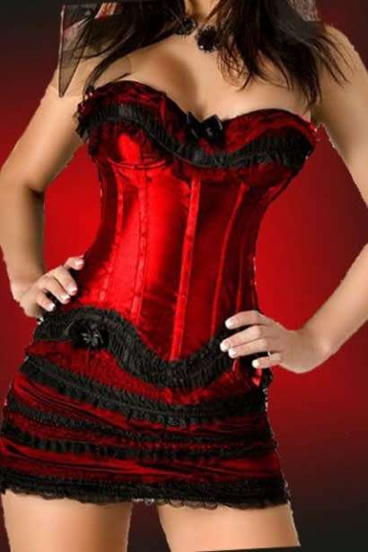 Red Satin Corset Set With Black Ruched Lace and Bows at Bust and Bottom, and Matching Ruched Lace Sk