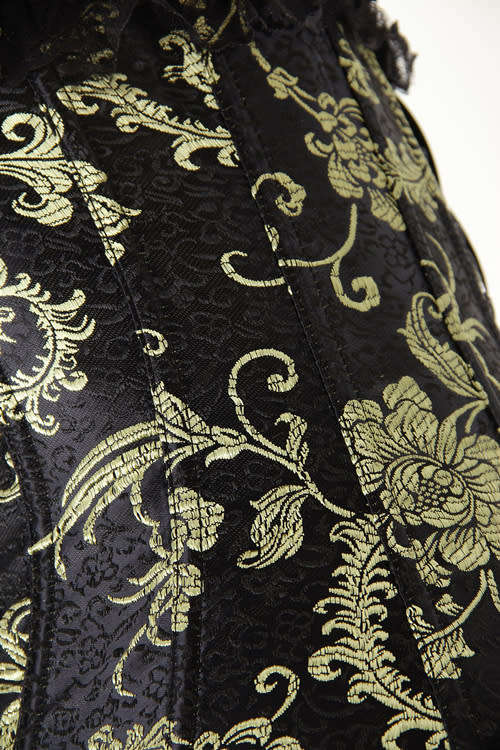 Glamorous Black Corset With Gold and Brass Print, Generous Lace Ruffle, Front Busk