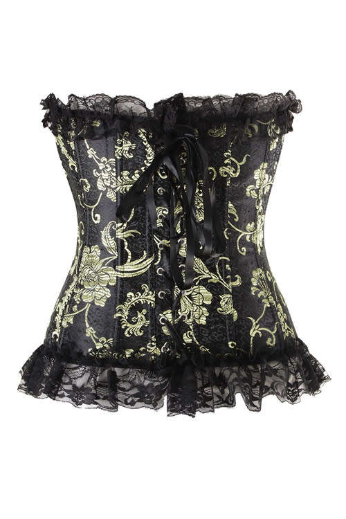 Glamorous Black Corset With Gold and Brass Print, Generous Lace Ruffle, Front Busk