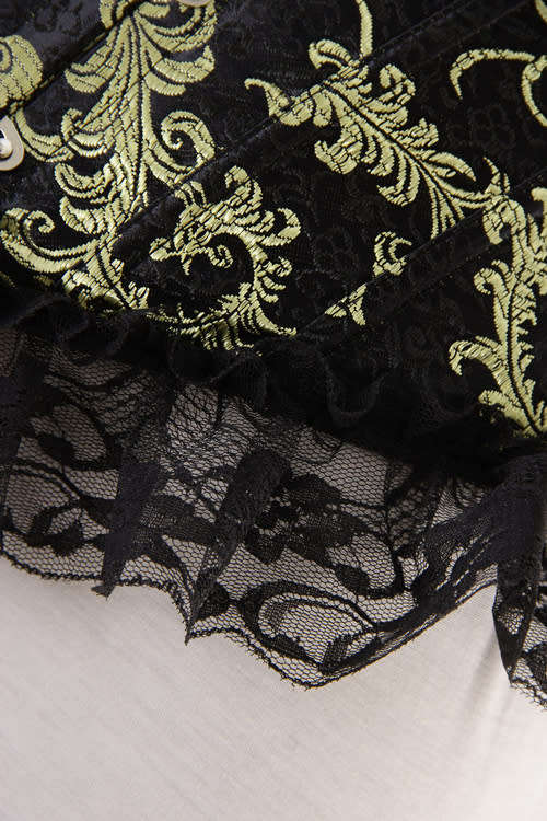 Glamorous Black Corset With Gold and Brass Print, Generous Lace Ruffle, Front Busk