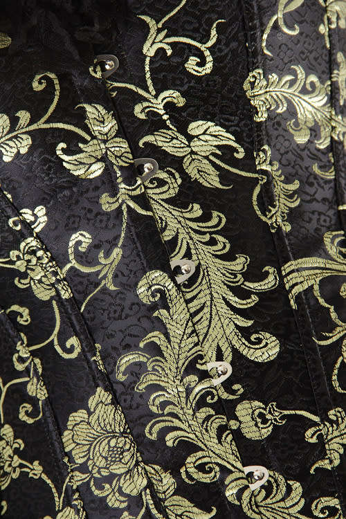 Glamorous Black Corset With Gold and Brass Print, Generous Lace Ruffle, Front Busk
