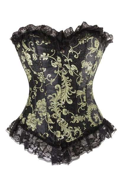 Glamorous Black Corset With Gold and Brass Print, Generous Lace Ruffle, Front Busk