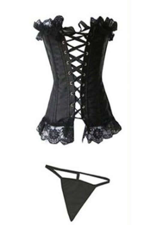 Black Victorian Corset Set With Matching Thong and Generous Lace Ruffle at Trim, Front Busk